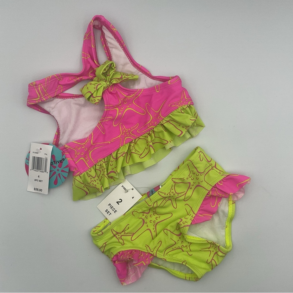 2 Piece Bikini Swim Bathing Suit Bright Yellow Pink Mermaid Neon Bow Ruffles 4T
